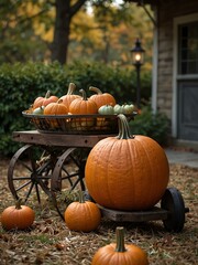 Large pumpkin on a vintage cart with lantern light in fall.
