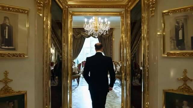 Exploring a luxurious golden hallway with artwork in an elegant mansion during a grand event