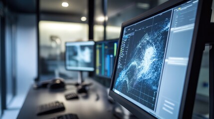 Close-up of computer monitors displaying weather data and analytics, featuring charts, radar, and climate information in a control room.