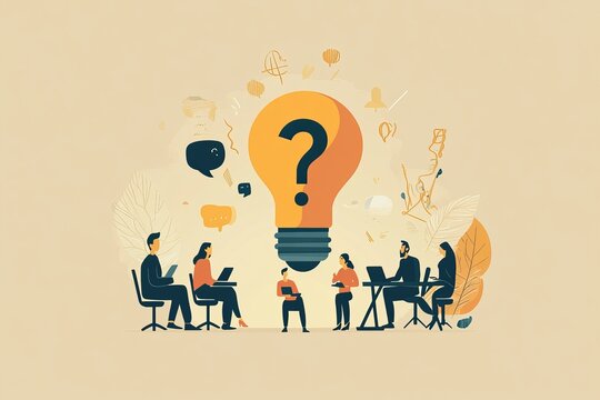 Answers to questions, frequently asked questions, providing information, solutions or a QSS session, a businessperson with a question mark and a lightbulb.