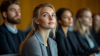Obraz premium A group of business people at a conference or meeting, sitting in arow and listening to a presentation. Highlighting the focus and engagement of attendees.