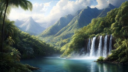 A serene landscape featuring a waterfall cascading into a tranquil pool, surrounded by lush greenery and majestic mountains.