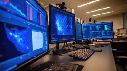 Fototapeta premium Close-up of computer monitors displaying weather data and analytics, featuring charts, radar, and climate information in a control room.