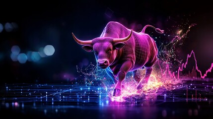 Abstract bull charging through a glowing stock graph, vibrant colors symbolizing market confidence and growth.