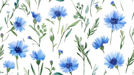 Fototapeta premium Watercolor seamless pattern featuring blue cornflowers and herbs on a white background Ideal for textiles fabrics covers wallpapers prints gift wrapping and scrapbooking
