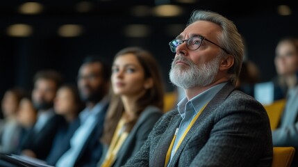 Obraz premium A group of business people at a conference or meeting, sitting in arow and listening to a presentation. Highlighting the focus and engagement of attendees.