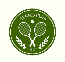 Tennis club logo. Two rackets with ball in green cicrle. Competition and tournament. Logotype and emblem for company. Sticker for social networks. Flat vector illustration