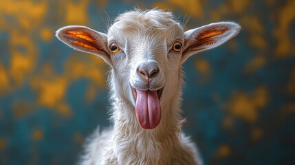 Fototapeta premium Portrait of a goat playfully sticking out its tongue
