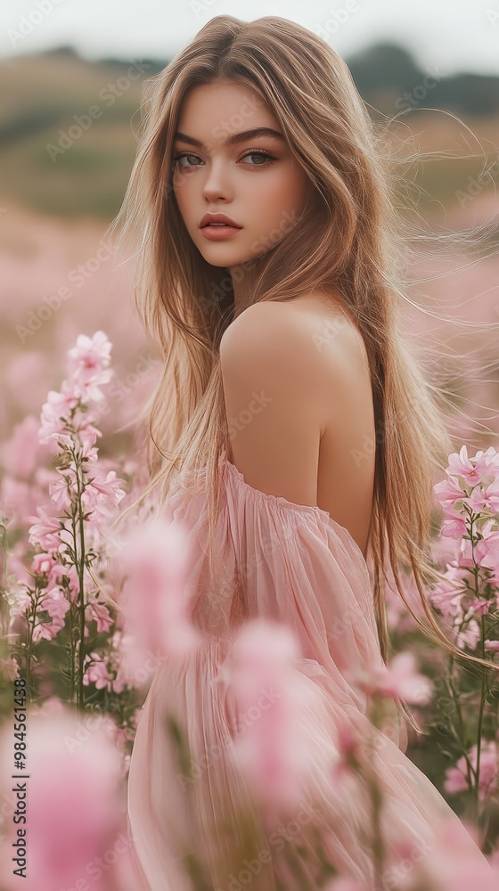 Wall mural A graceful young woman in her 20s, standing tall in a field of blooming pink larkspur flowers. 