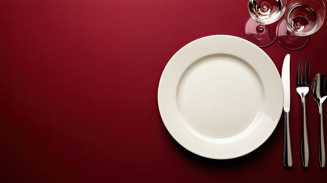 An inviting Christmas table setting showcases a white plate, cutlery, and a wine glass on a vibrant red backdrop, ideal for festive gatherings and celebrations