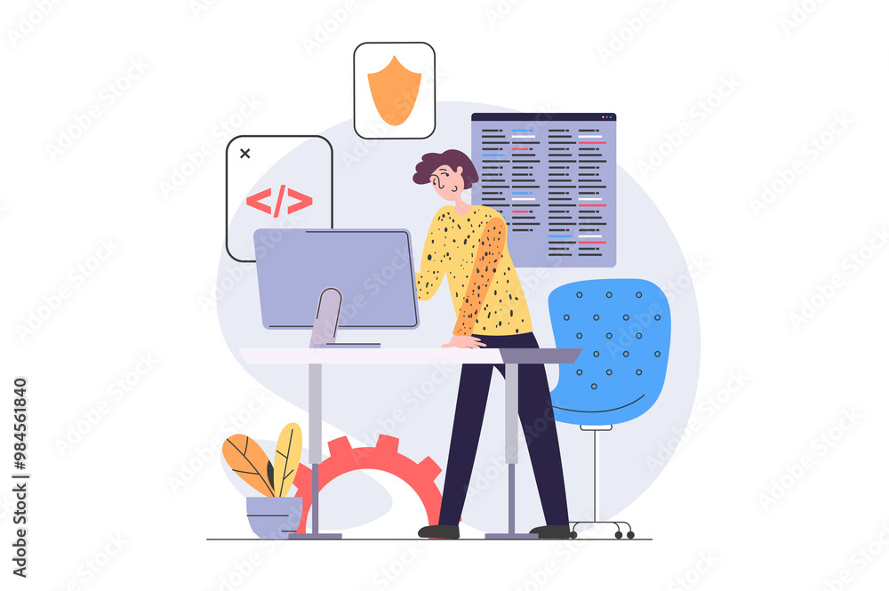 Leinwandbilder Development and programming concept in modern flat design for web. Man developer creating security system software product at computer and testing firewall from hacker attack. Illustration.