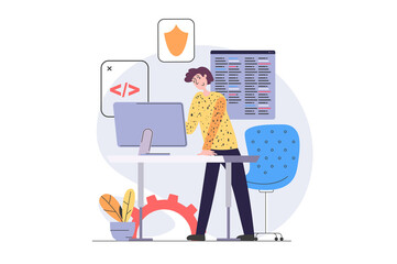 Development and programming concept in modern flat design for web. Man developer creating security system software product at computer and testing firewall from hacker attack. Illustration.