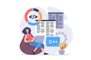 Development and programming concept in modern flat design for web. Woman developer working at laptop and coding on screens, fixing bugs, making maintenance and optimization. Illustration.