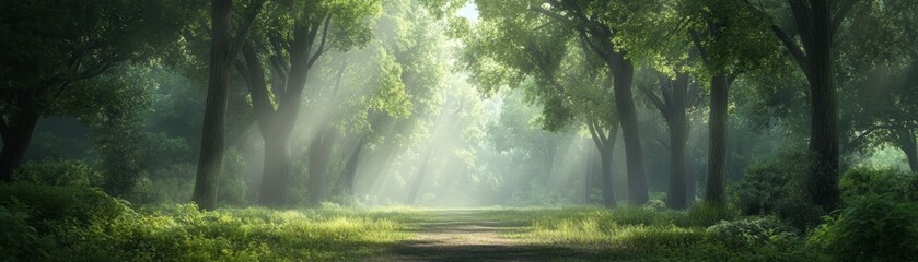 Obraz premium A tranquil forest path illuminated by soft sunlight, surrounded by lush trees and greenery, perfect for nature lovers and serenity seekers.
