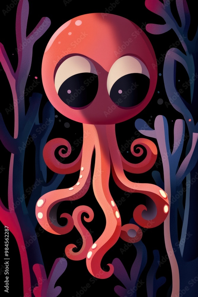 Poster cartoon octopus in the deep sea