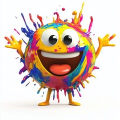 Fototapeta premium A 3D cartoon emoji with vibrant splashes of paint covering its body, showing a lively, artistic energy, on a white background