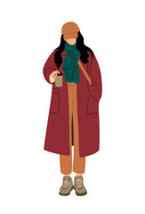 Young woman wearing coat, stylish autumn, winter warm clothes. Female cartoon character standing with take away coffee cup. Vector flat illustration isolated on transparent background