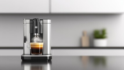 Modern coffee machine brewing a strong espresso on a sleek kitchen countertop with minimalist decor.