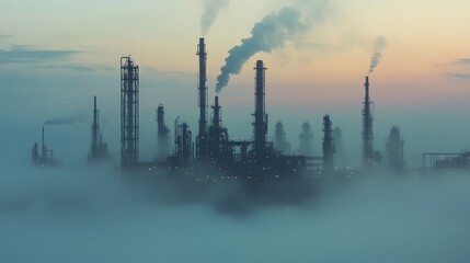 Fototapeta premium A large industrial refinery complex emits smoke as it rises through dense fog at dawn, creating a moody atmospheric scene.