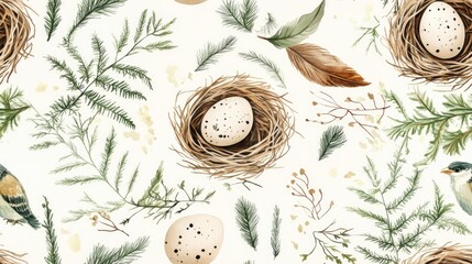 Seamless pattern featuring forest elements Watercolor illustration with hand drawn birds nests eggs feathers ferns and pine branches Wildlife nature decor