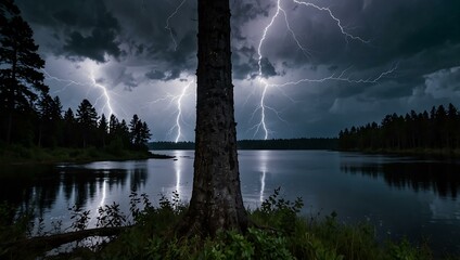 Lightning storm in a forest.