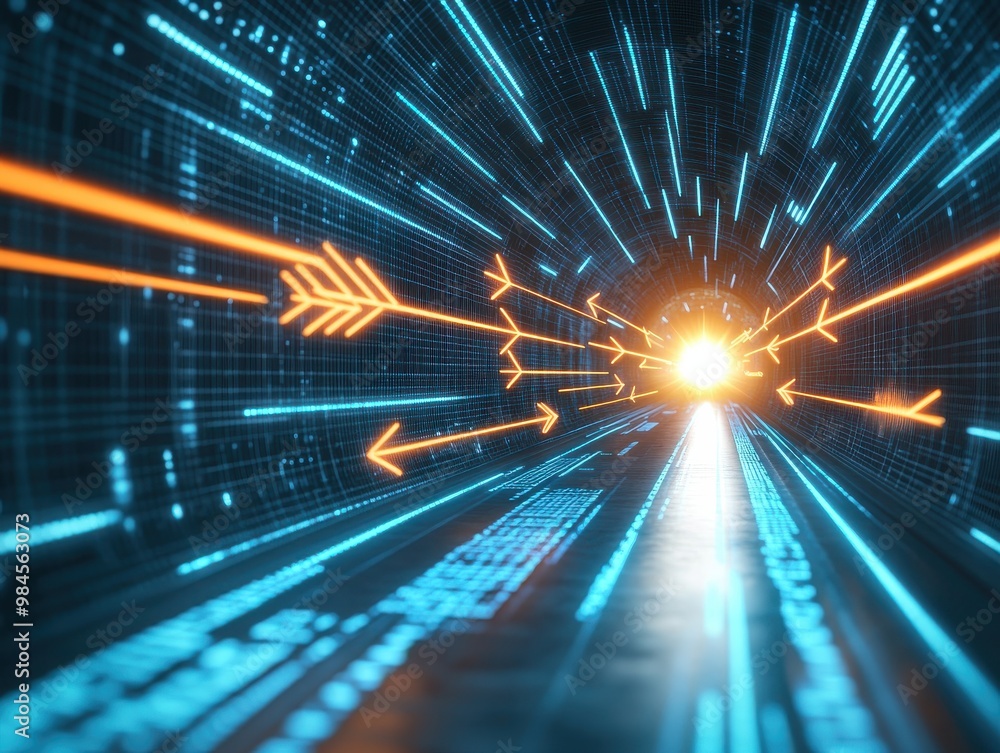 Poster dynamic abstract illustration of speed with glowing arrows and light, symbolizing movement through a