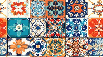Colorful seamless ethnic tile patterns featuring Portuguese azulejos Spanish ikat Italian majolica Mexican talavera and Moroccan Turkish designs Tiled texture suitable for flooring