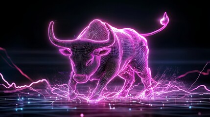 Bull charging upward with neon lights surrounding it, symbolizing powerful market growth and confidence.