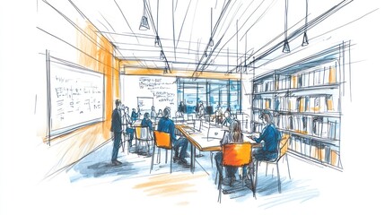 A collaborative workspace with people engaged in discussion and work.