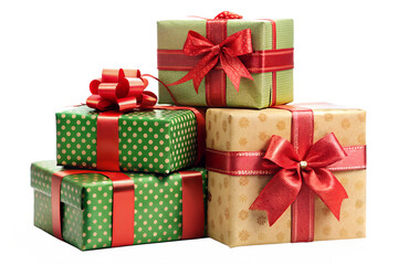 Stack of four wrapped christmas presents with red ribbons