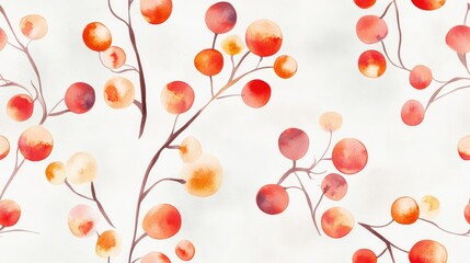 Seamless pattern featuring hand drawn red and orange berries in watercolor on a grey background suitable for card designs and creative projects illustrated in pastel