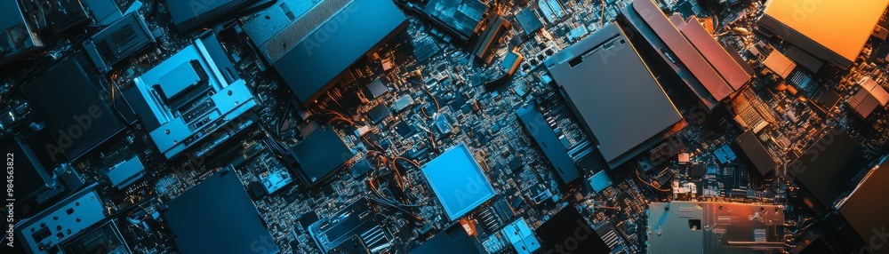 Poster an abstract view of a circuit board showcasing intricate designs and technology, illuminated with vi
