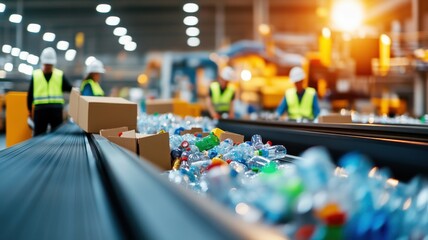 Obraz premium Workers sorting recyclable materials in a modern facility. Efficient operations for sustainable waste management.