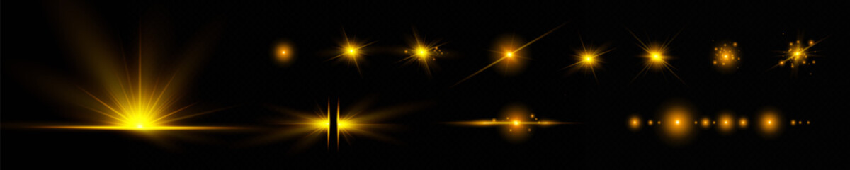 Light yellow effect reflections, neon illumination in white colors. Bright light lens. Police light effects, lines. Shiny stars, glowing sparks on a black background. Vector gold light effect