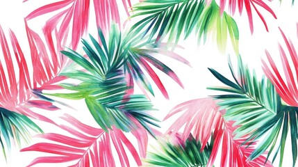 Seamless pattern of tropical palm leaves on cotton fabric featuring vibrant watercolor technique on a white background
