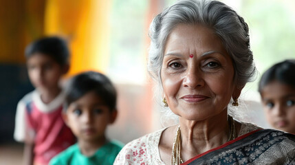 Fototapeta premium An elderly woman with gray hair and traditional attire smiles at the camera while children observe her with curiosity, creating a heartwarming atmosphere