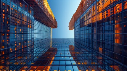 A stunning architectural marvel with a symmetrical reflection of skyscrapers with glass windows capturing the evening light in a bustling urban area