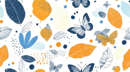 Seamless pattern of leaves butterflies doodles dotted lines and labels in a hand drawn style