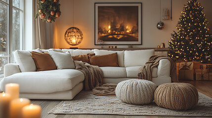 A stylish living room decorated for winter holidays with cozy blankets and warm lighting