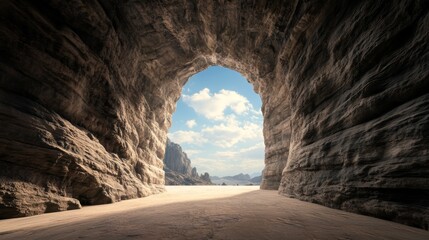 Breathtaking view of a rocky cave opening, revealing a serene beach and bright sky, ideal for nature and travel themes.