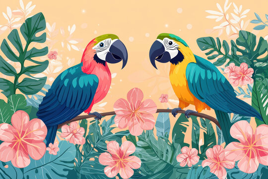 Colorful parrots perched among vibrant flowers and lush greenery create lively and tropical atmosphere. This illustration captures beauty of nature with soft background