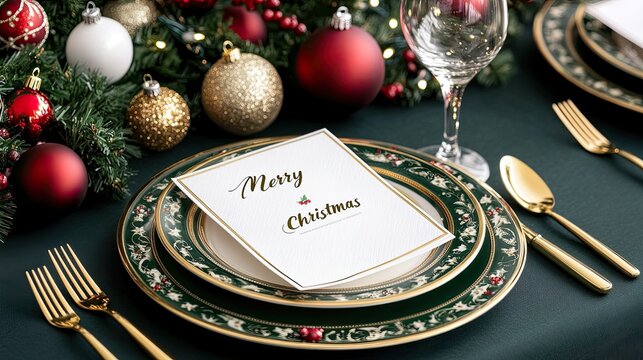 A lavish Christmas table is elegantly arranged with red and green dinnerware, complemented by golden cutlery and festive ornaments, creating a warm and inviting atmosphere