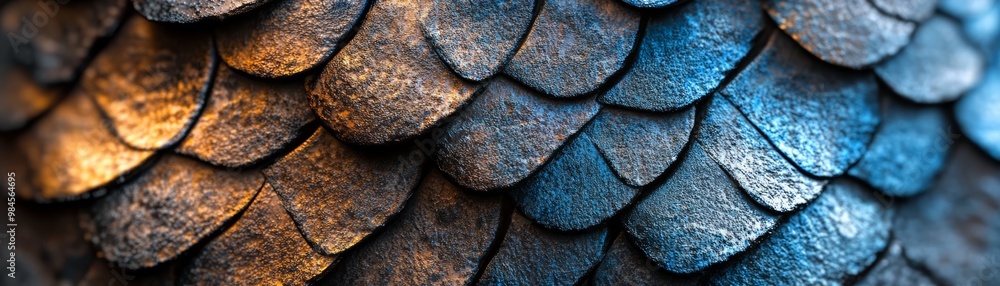 Poster close-up view of shimmering scales with a blend of blue and orange tones, highlighting intricate tex
