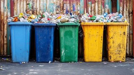 Fototapeta premium Colorful trash bins filled with waste, showcasing an urban recycling scene. Ideal for promoting sustainability and waste management initiatives.