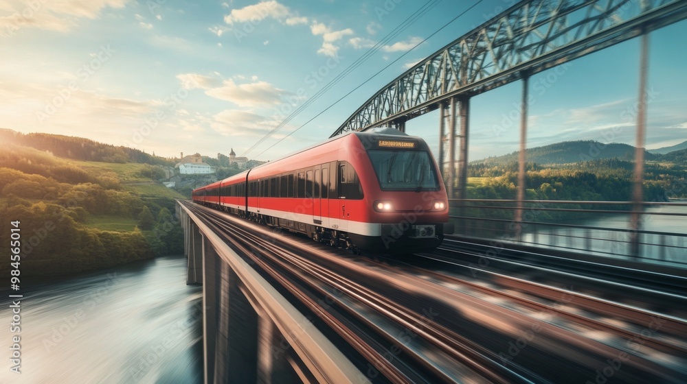 Poster a shot of an electric train in motion, crossing a modern bridge with a river or landscape in the bac
