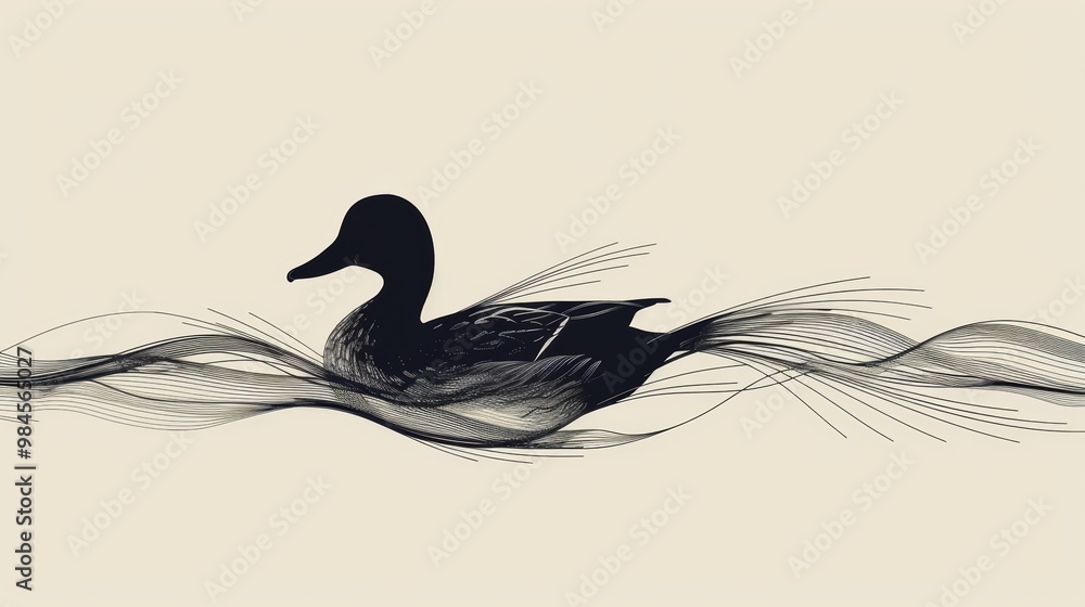 Poster elegant black duck gliding through soft waves, showcasing serenity in a minimalist art style with sm