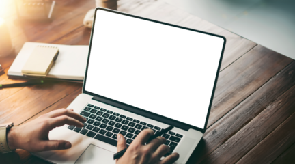 Close up of male hands and laptop with blank screen. Mock-up of computer monitor. Copyspace ready for design or text. Transparent screen, cut out. PNG