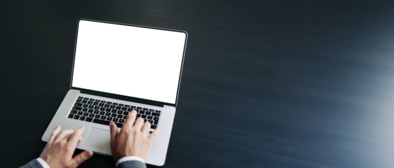 Close up of male hands and laptop with blank screen. Mock-up of computer monitor. Copyspace ready for design or text. Transparent screen, cut out. PNG