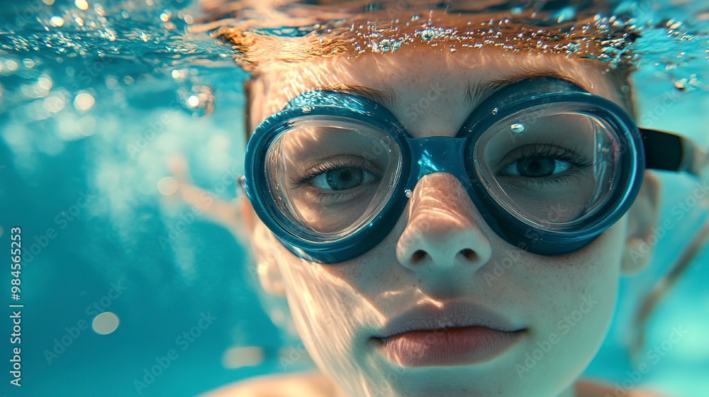 Sticker Young woman in goggles and cap swimming underwater in pool 