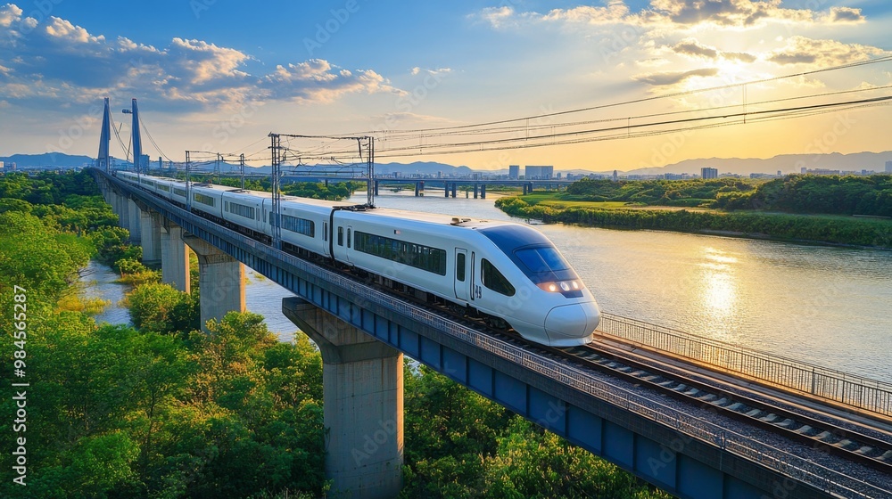 Poster a shot of an electric train in motion, crossing a modern bridge with a river or landscape in the bac